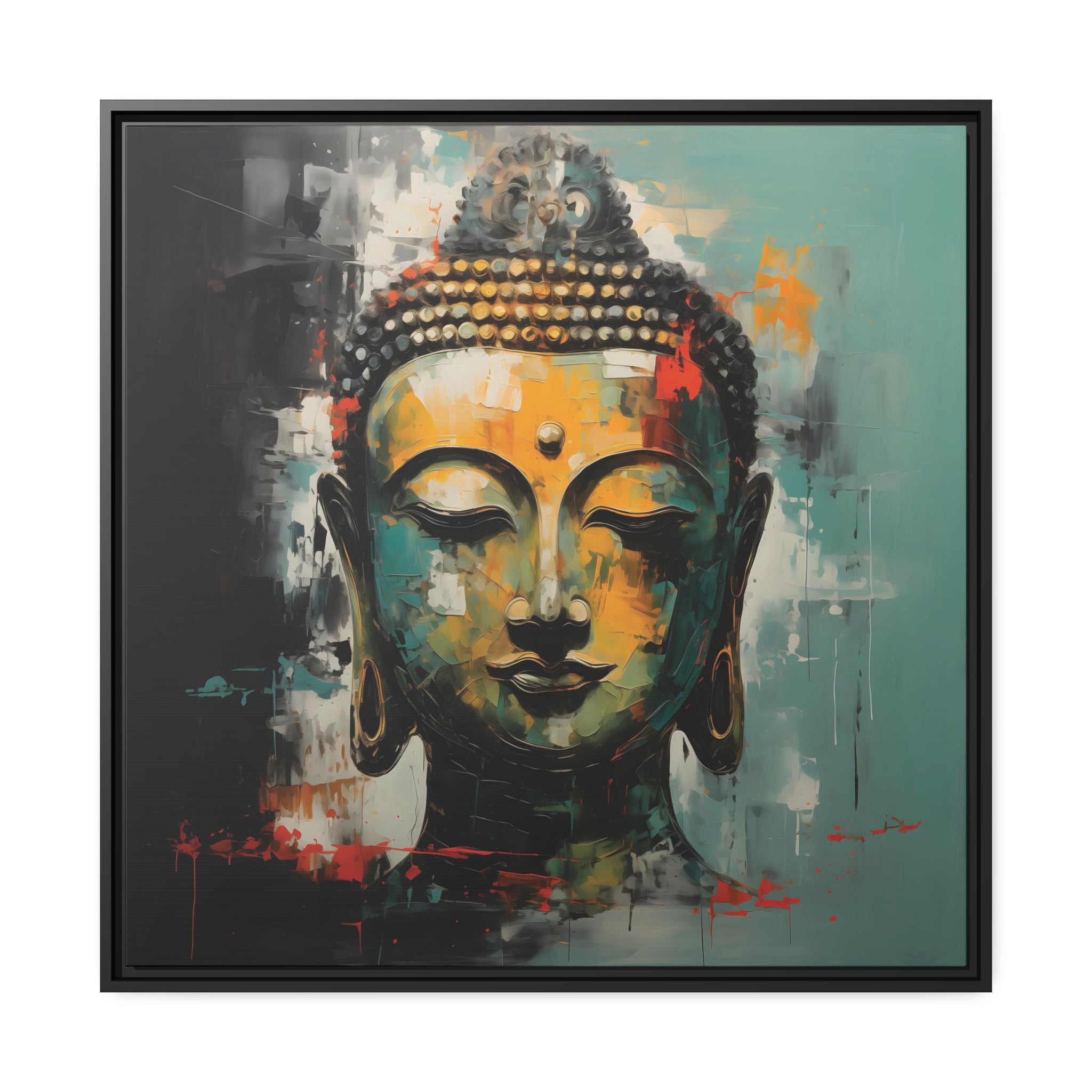 Buddha Painting Abstract Expressionist Gold and Teal Canvas Contemporary Spiritual Art