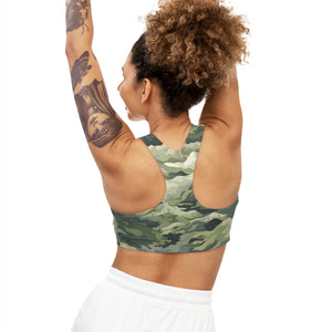 Mountain Camouflage Seamless Sports Bra - Medium Support, Soft & Stretchy, Custom Design, Assembled in USA - FNKY ROOSTER DESIGNS