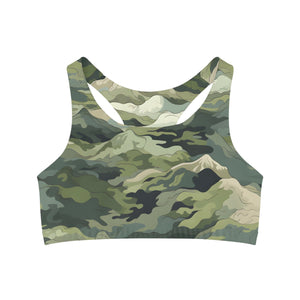 Mountain Camouflage Seamless Sports Bra - Medium Support, Soft & Stretchy, Custom Design, Assembled in USA - FNKY ROOSTER DESIGNS