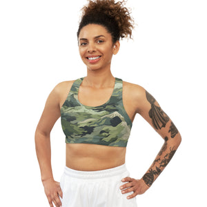 Mountain Camouflage Seamless Sports Bra - Medium Support, Soft & Stretchy, Custom Design, Assembled in USA - FNKY ROOSTER DESIGNS