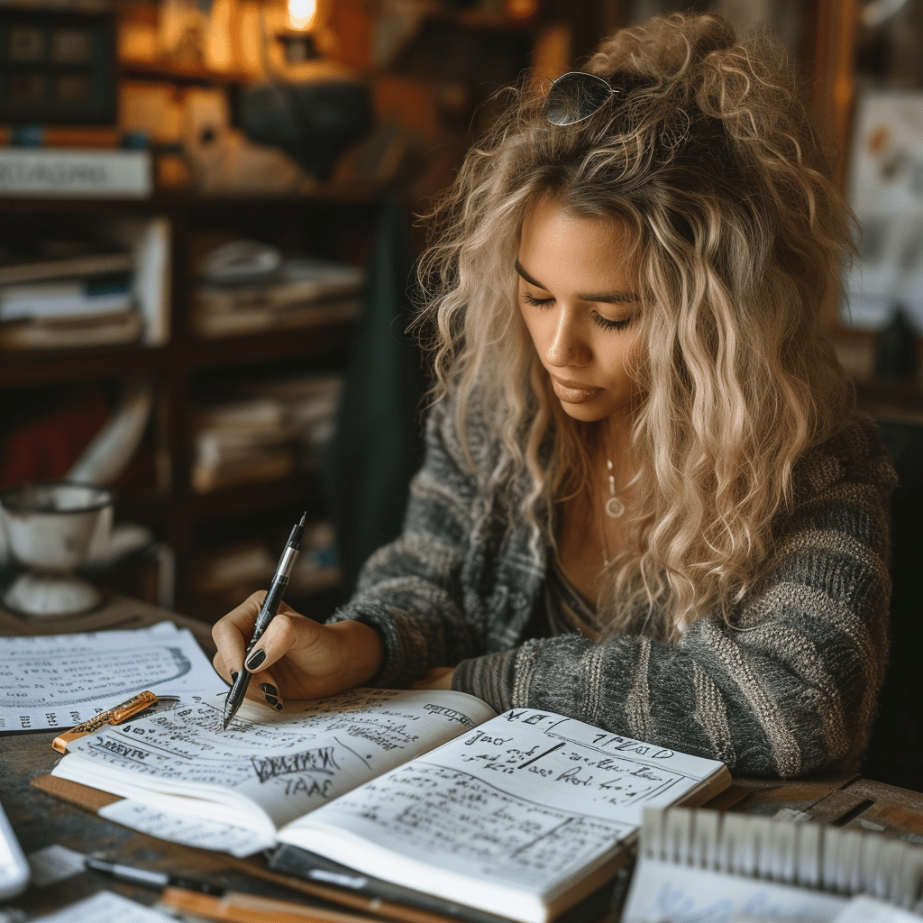 A woman sitting at her desk journaling