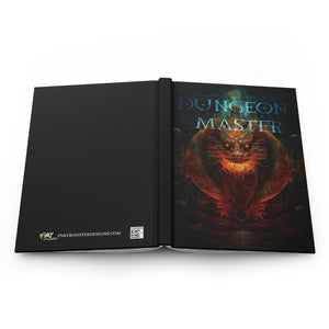 Black Dragon Dungeon Master Fantasy lover Notebook opened showing the back of the journal