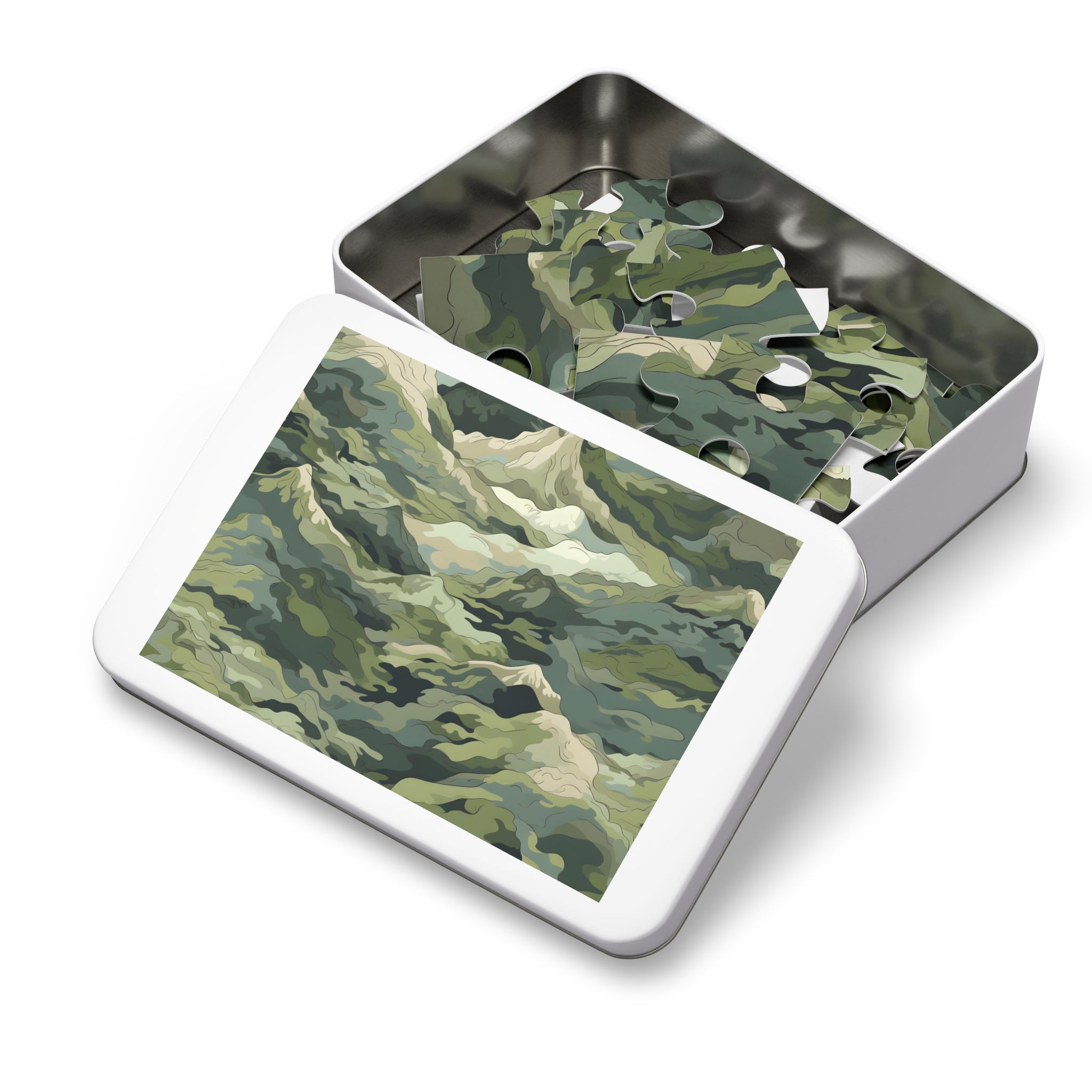 Mountain Camo Jigsaw Puzzle: Choose Your Challenge with 30 to 1000 Pieces - Ships in Gift - Ready Metal Tin - FNKY ROOSTER DESIGNS