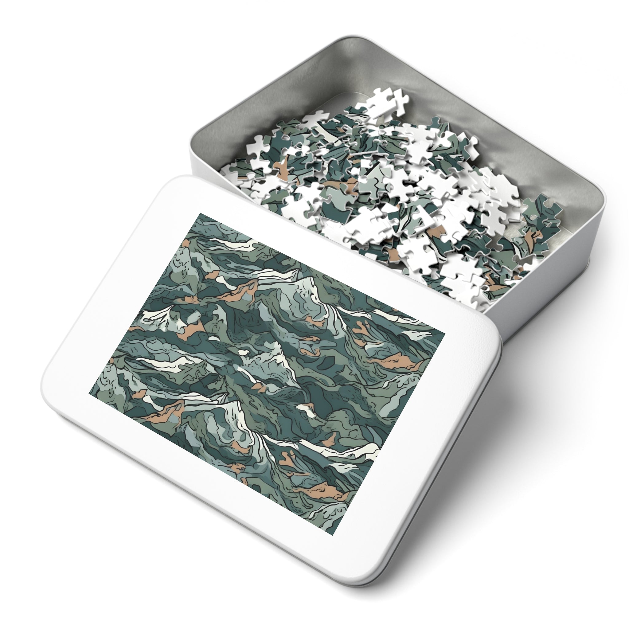 Mountain Camo Jigsaw Puzzle: Choose Your Challenge with 30 to 1000 Pieces - Ships in Gift - Ready Metal Tin - FNKY ROOSTER DESIGNS