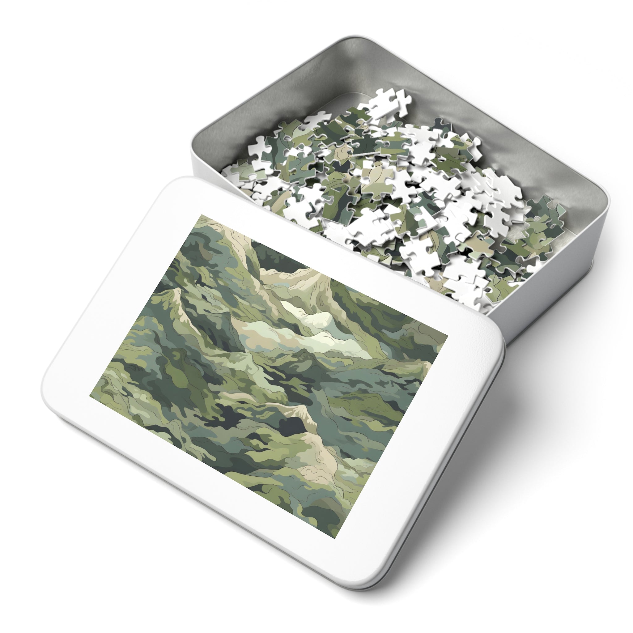 Mountain Camo Jigsaw Puzzle: Choose Your Challenge with 30 to 1000 Pieces - Ships in Gift - Ready Metal Tin - FNKY ROOSTER DESIGNS