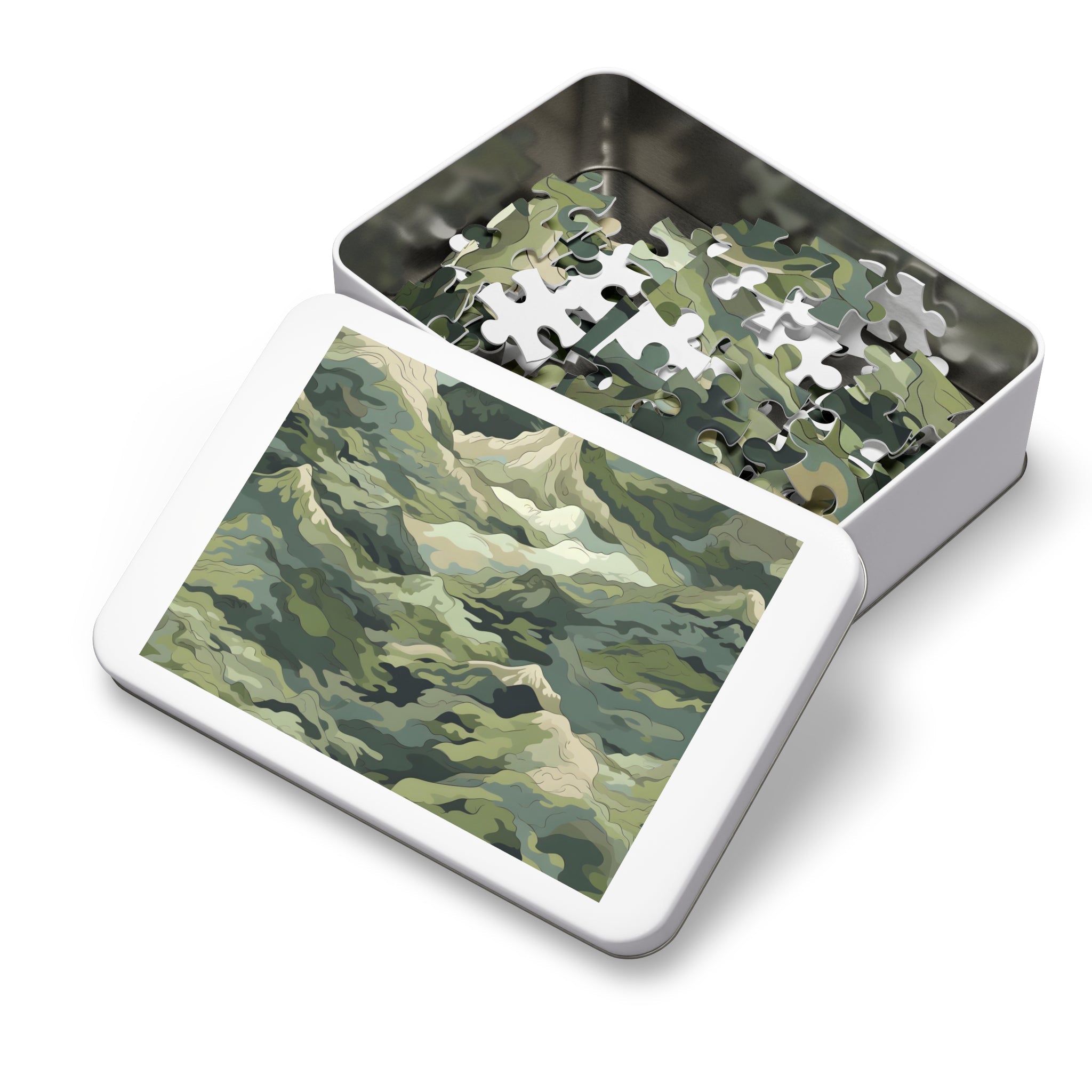 Mountain Camo Jigsaw Puzzle: Choose Your Challenge with 30 to 1000 Pieces - Ships in Gift - Ready Metal Tin - FNKY ROOSTER DESIGNS
