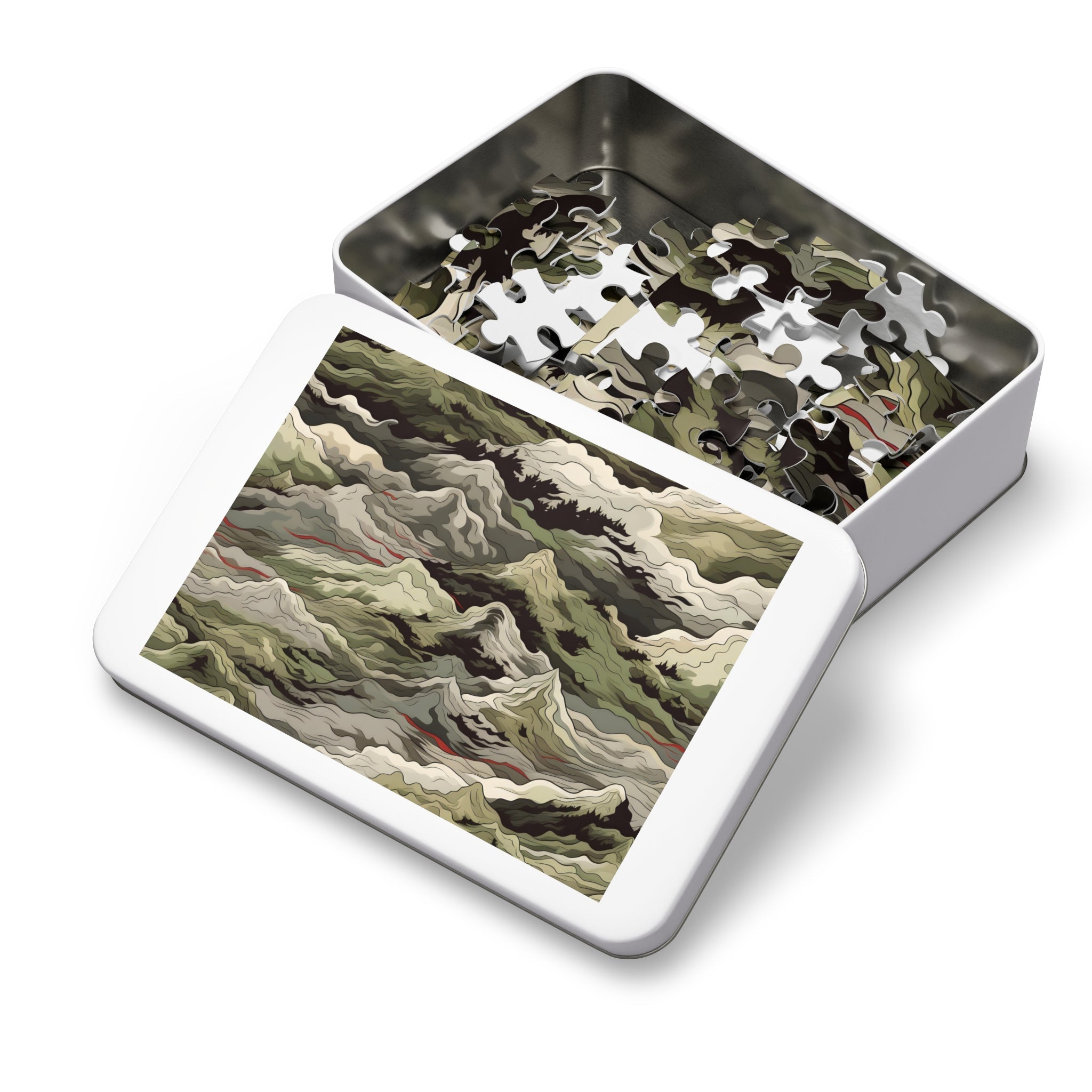 Mountain Camo Jigsaw Puzzle: Choose Your Challenge with 30 to 1000 Pieces - Ships in Gift - Ready Metal Tin - FNKY ROOSTER DESIGNS