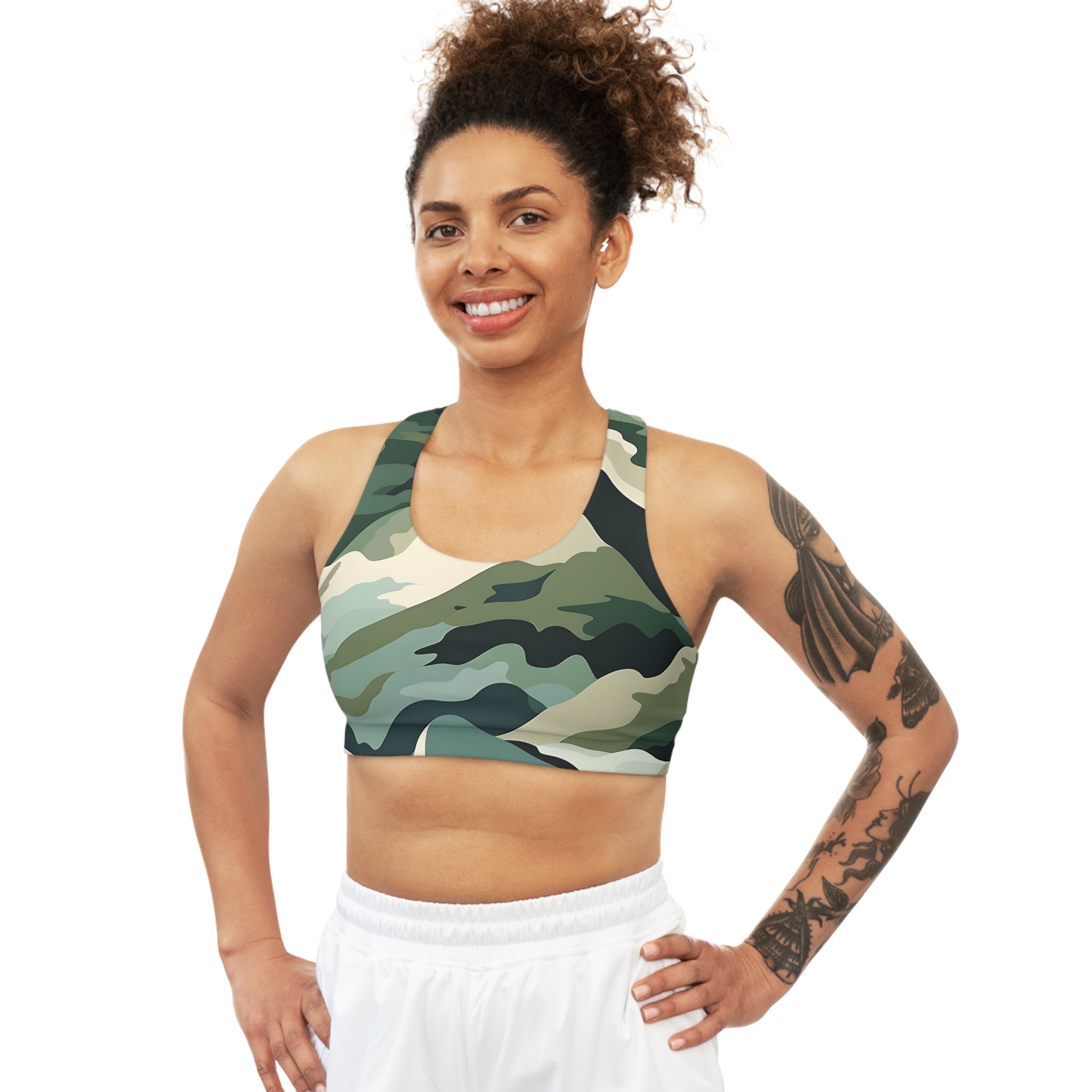 Mountain Camouflage Seamless Sports Bra - Medium Support, Soft & Stretchy, Custom Design, Assembled in USA - FNKY ROOSTER DESIGNS