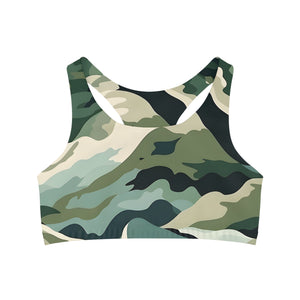 Mountain Camouflage Seamless Sports Bra - Medium Support, Soft & Stretchy, Custom Design, Assembled in USA - FNKY ROOSTER DESIGNS