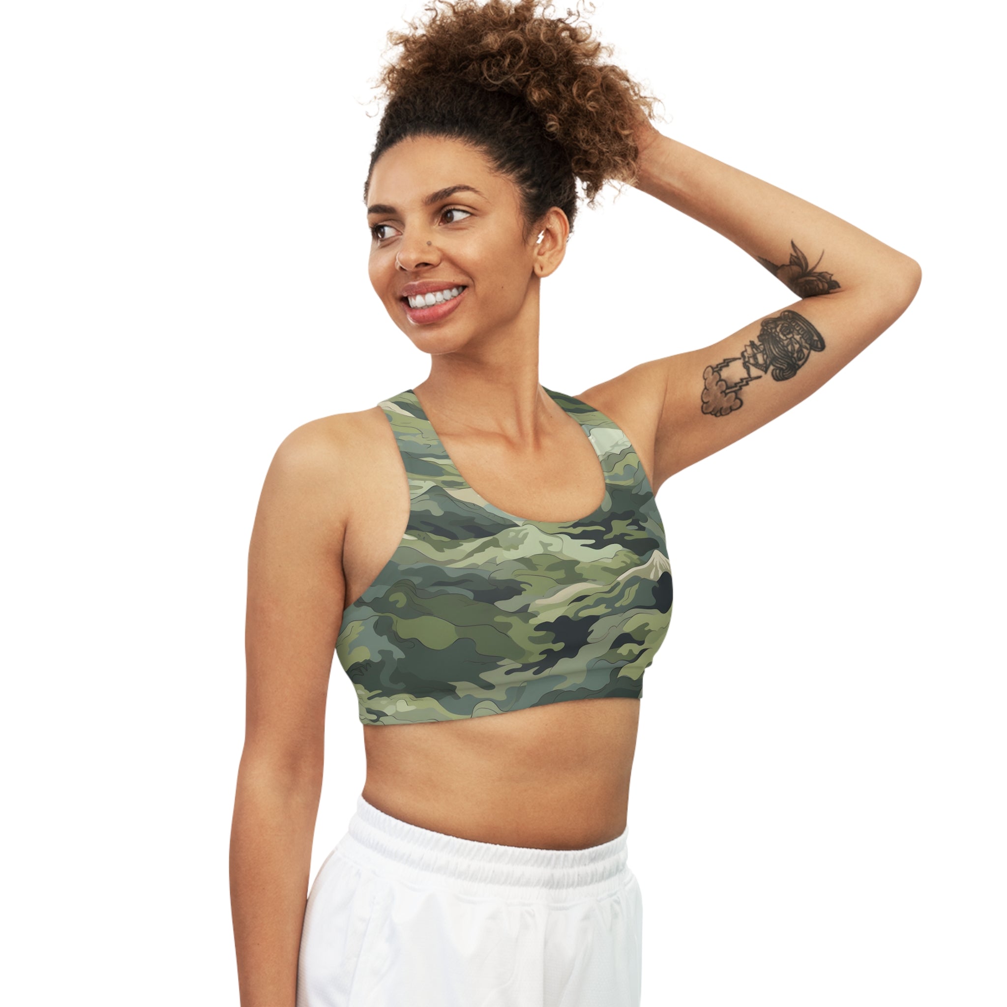 Mountain Camouflage Seamless Sports Bra - Medium Support, Soft & Stretchy, Custom Design, Assembled in USA - FNKY ROOSTER DESIGNS