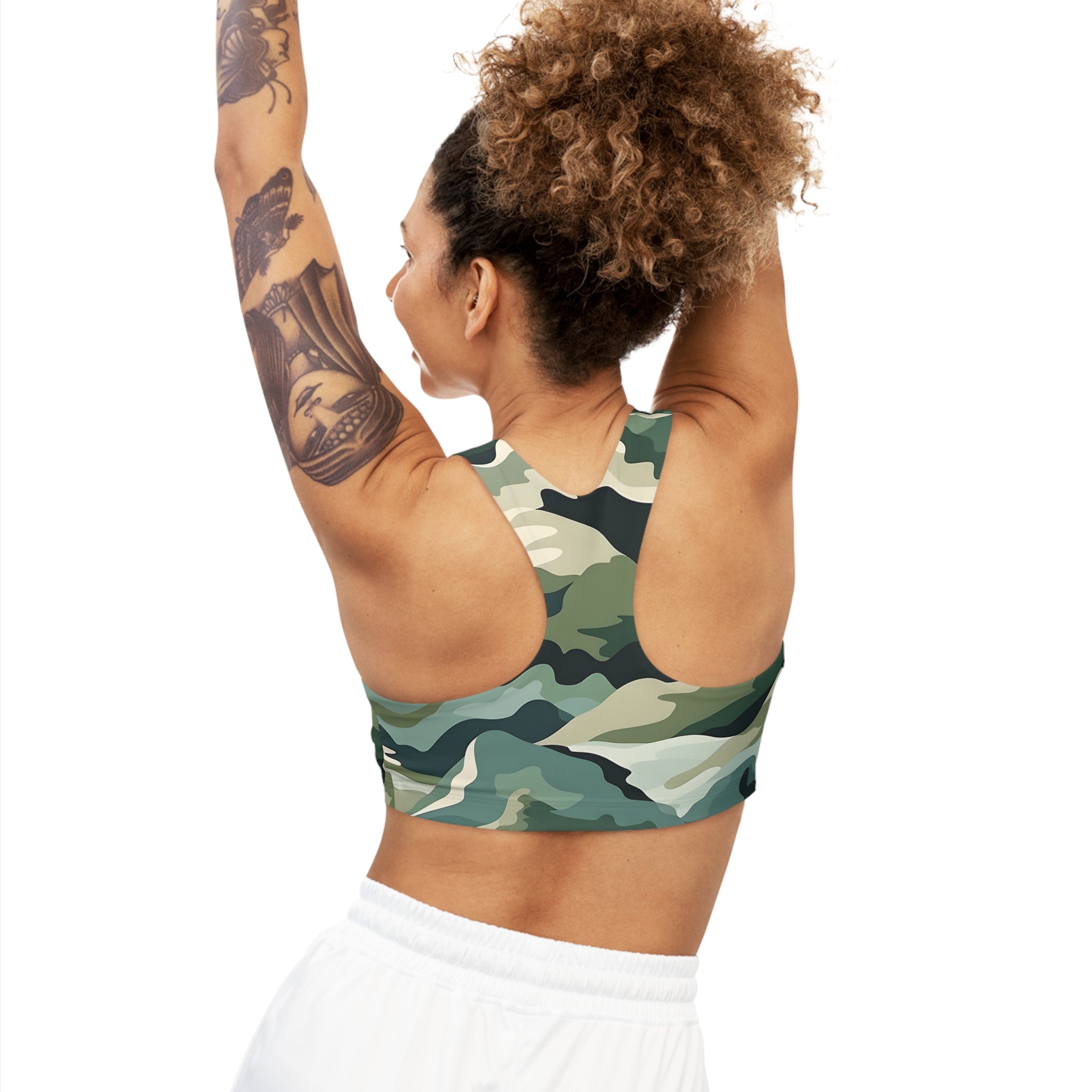 Mountain Camouflage Seamless Sports Bra - Medium Support, Soft & Stretchy, Custom Design, Assembled in USA - FNKY ROOSTER DESIGNS