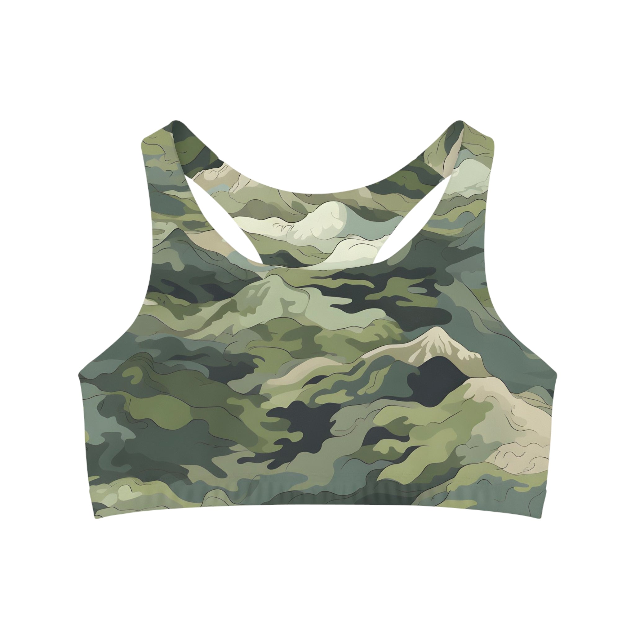 Mountain Camouflage Seamless Sports Bra - Medium Support, Soft & Stretchy, Custom Design, Assembled in USA - FNKY ROOSTER DESIGNS