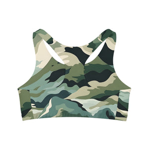 Mountain Camouflage Seamless Sports Bra - Medium Support, Soft & Stretchy, Custom Design, Assembled in USA - FNKY ROOSTER DESIGNS