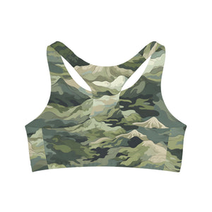 Mountain Camouflage Seamless Sports Bra - Medium Support, Soft & Stretchy, Custom Design, Assembled in USA - FNKY ROOSTER DESIGNS